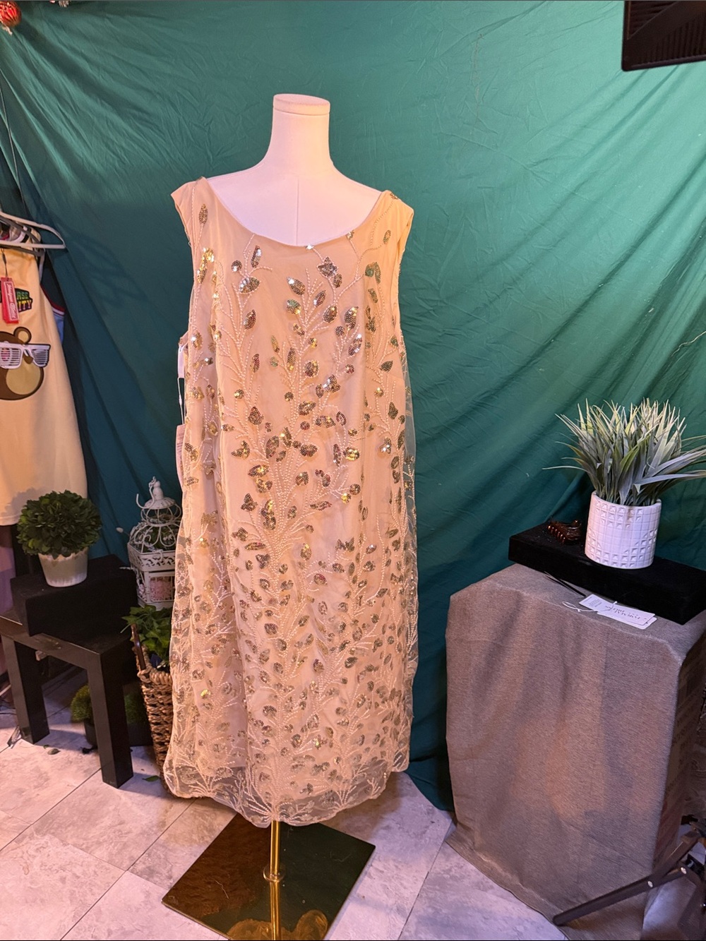 Sequin Leaf-Embellished Champagne Midi Dress